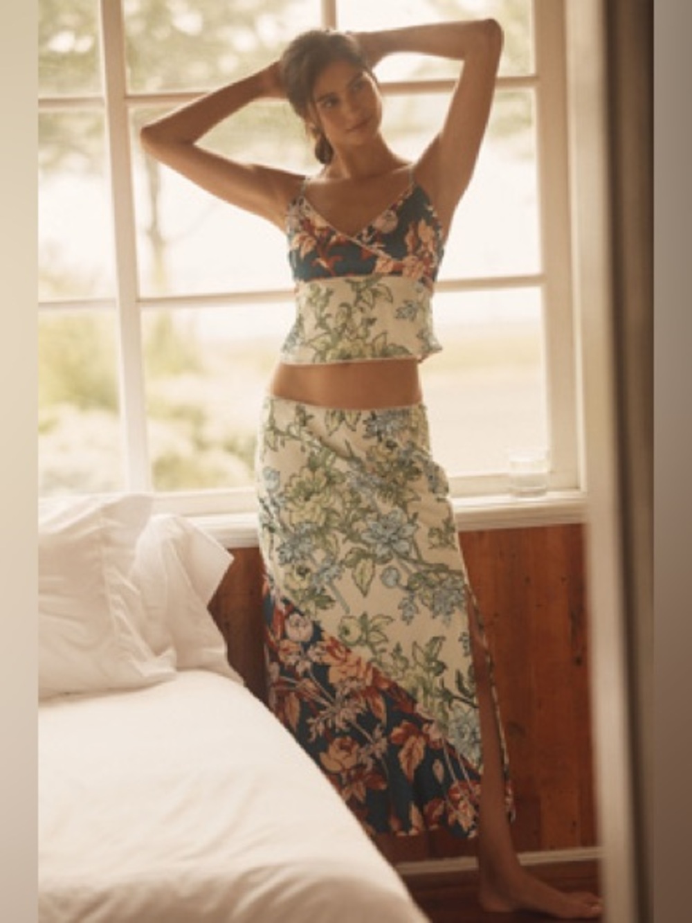 Anthropologie LyreBird silky side slid skirt and cami matching set